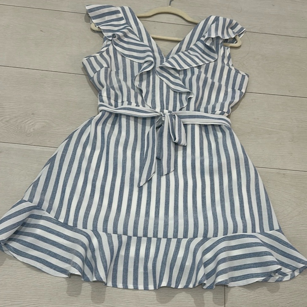 She + Sky White and Blue Tiered Midi Sundress